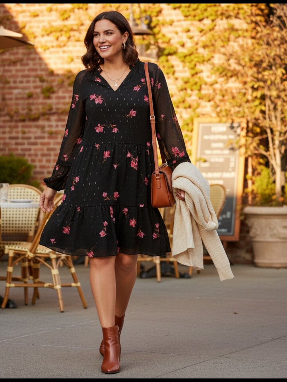 CeCe Metallic Fleck Floral Babydoll Mini Dress 1X Long Sleeve